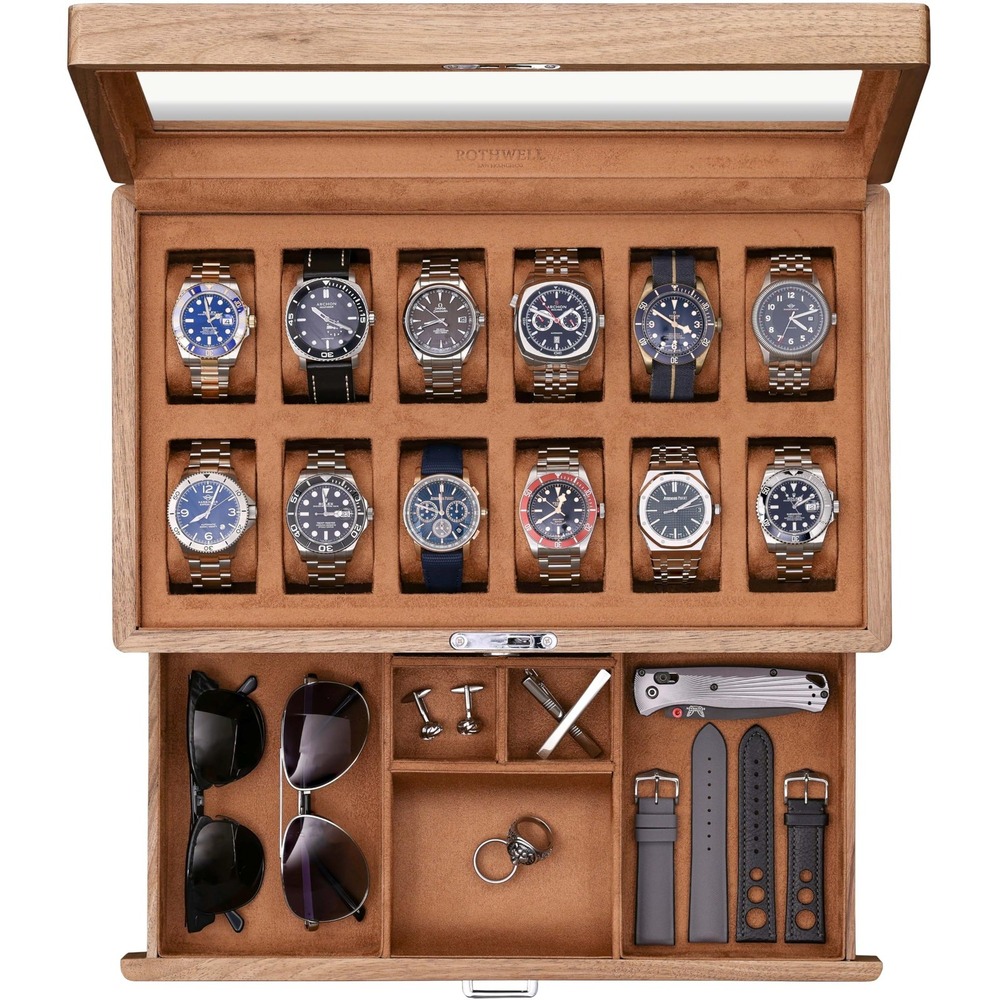ROTHWELL 12-Slot Walnut Watch Box Glass Top Valet Drawer Lock Organizer Brown - Picture 9 of 11